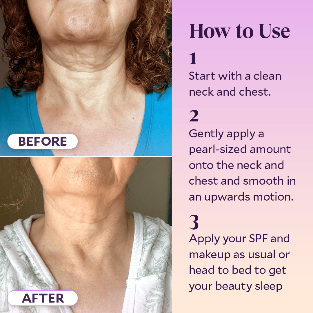 Before and after comparison of neck and chest skin with application instructions on a purple background.